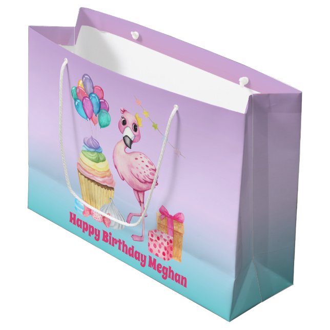 Grand Sac Cadeau mignonne filles Anniversaire flamingo ajouter nom (Devant Angle)