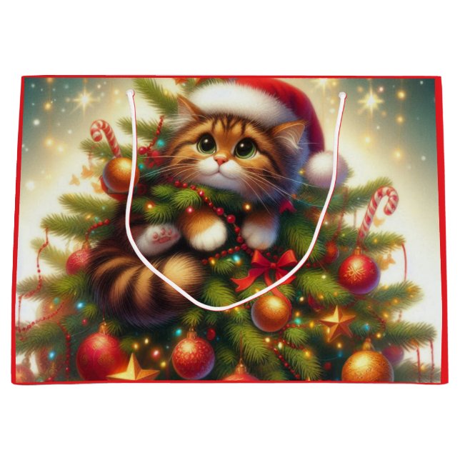 Grand Sac Cadeau Mignonne, malicieuse chatte dans le sapin de Noël (Devant)