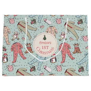 Grand Sac Cadeau Mignonne Mint Green Baby's First Christmas Custom