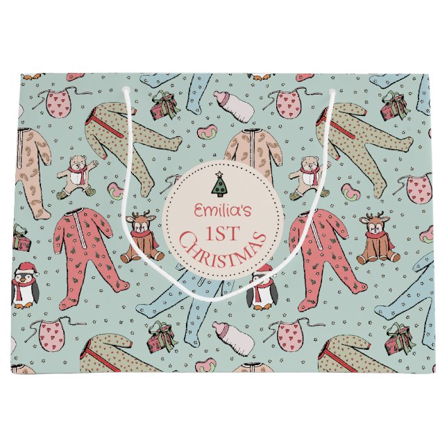 Grand Sac Cadeau Mignonne Mint Green Baby's First Christmas Custom (Devant)