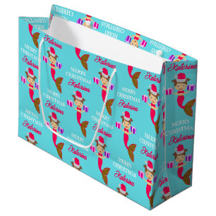 Grand Sac Cadeau Mignonne Noël Sirène fille Santa Chapeau en mer
