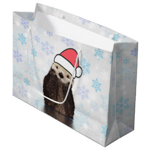 Grand Sac Cadeau Mignonne Otter portant un chapeau de Père Noël