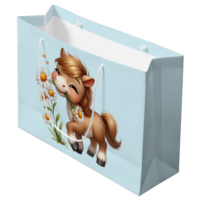 Grand Sac Cadeau Mignonne Pony Mange Manger Des Marguerites (Devant Angle)
