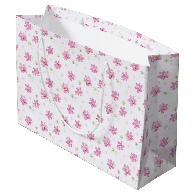 Grand Sac Cadeau Mignonnes Fleurettes Roses (Dos Angle)
