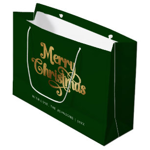Grand Sac Cadeau Minimaliste Retro Chic Vert Or Joyeux Noël