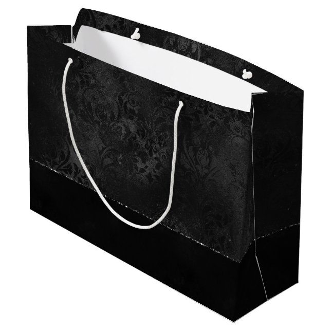 Grand Sac Cadeau Minuit Onyx Romance | Black Satiny Grunge Damask (Dos Angle)