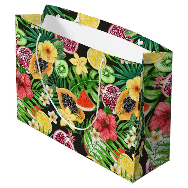 Grand Sac Cadeau Mix-fruits tropicaux, fleurs et feuilles en noir (Dos Angle)