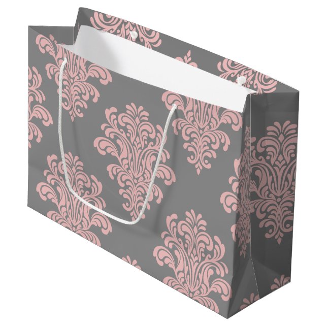 Grand Sac Cadeau Modèle Damas rose et gris (Devant Angle)
