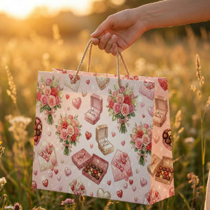Grand Sac Cadeau Modèle de boîtes-cadeaux, roses et bagues en diama