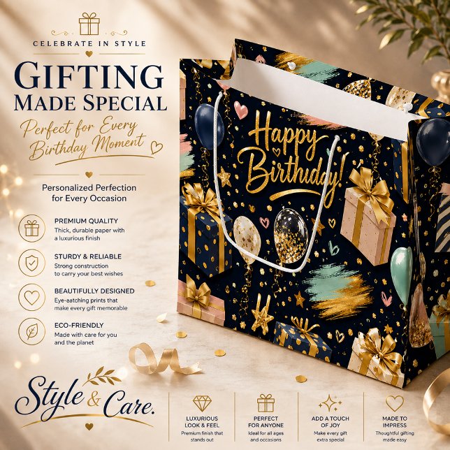 Grand Sac Cadeau Modèle de célébration de joyeux anniversaire de lu (Luxury Happy Birthday Celebration Pattern Large Gift Bag)