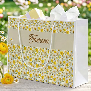 Grand Sac Cadeau Modèle de fleurs sauvages jaunes avec monogramme d