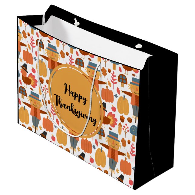 Grand Sac Cadeau Modèle de Thanksgiving avec dinde et épouvantail (Devant Angle)