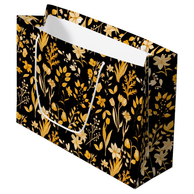 Grand Sac Cadeau Modèle Floral d'or pour l'automne. BG noir (Devant Angle)