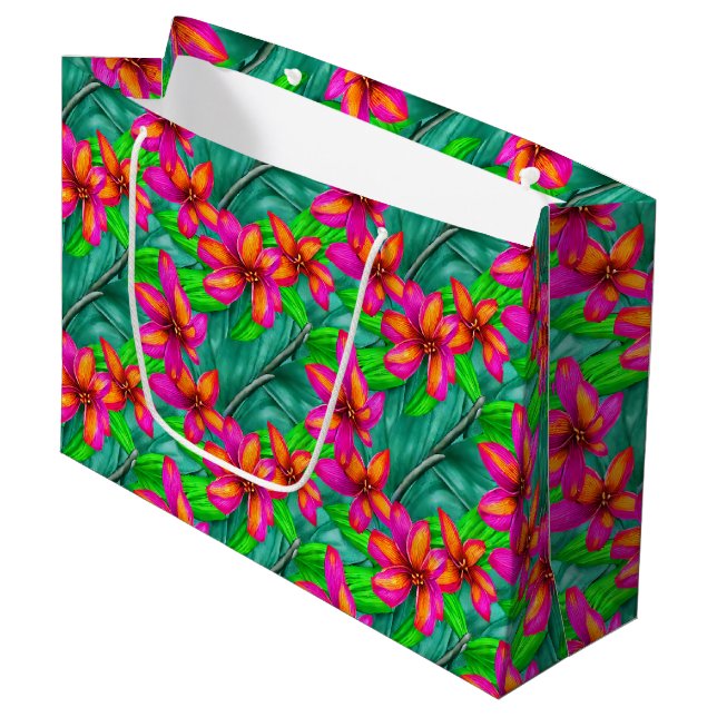 Grand Sac Cadeau Modèle floral Paradis tropical (Devant Angle)