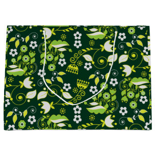 Grand Sac Cadeau Modèle floral scandinave moderne vert foncé
