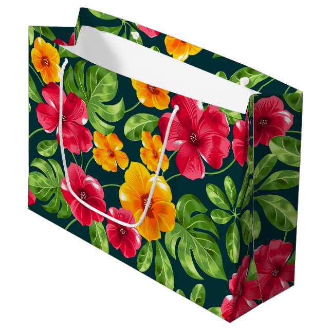 Grand Sac Cadeau Modèle floral tropical vibre (Devant Angle)