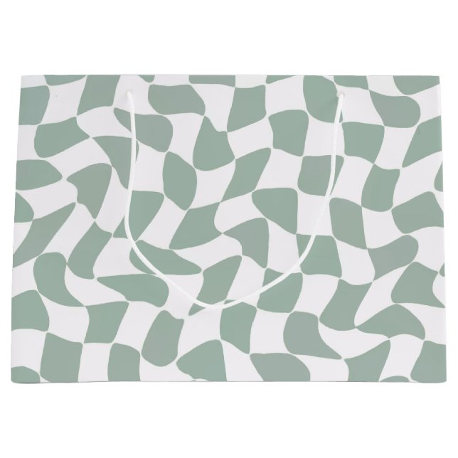 Grand Sac Cadeau Modern Sage Green & White Wavy Checkerboard (Devant)