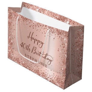 Grand Sac Cadeau Moderne Anniversaire 40 Ans Paillettes Or Rose Mon