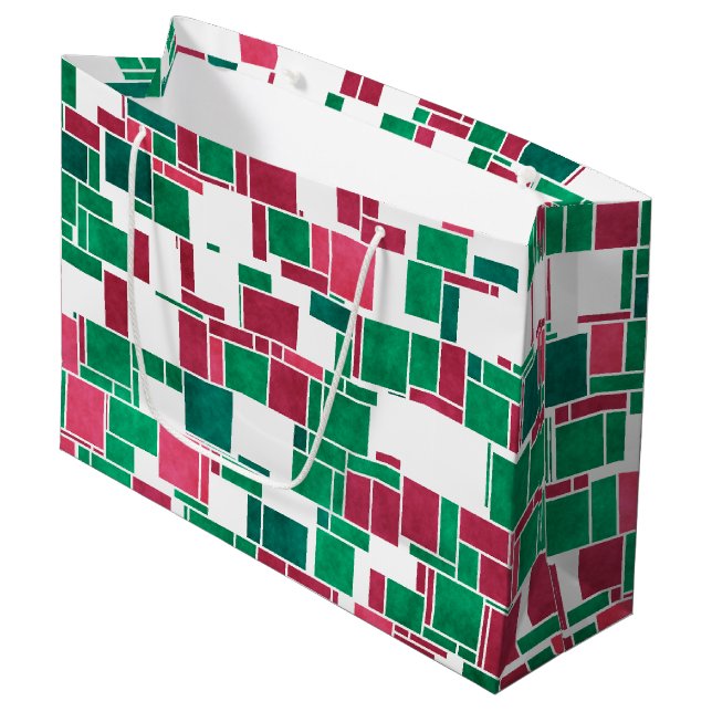 Grand Sac Cadeau Moderne Bold Rouge et Vert Noël Mondrian (Devant Angle)