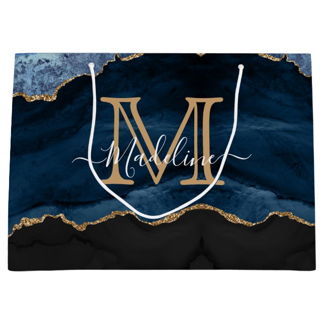 Grand Sac Cadeau Moderne Elégant Marine Blue Agate Géode Monogramme (Devant)