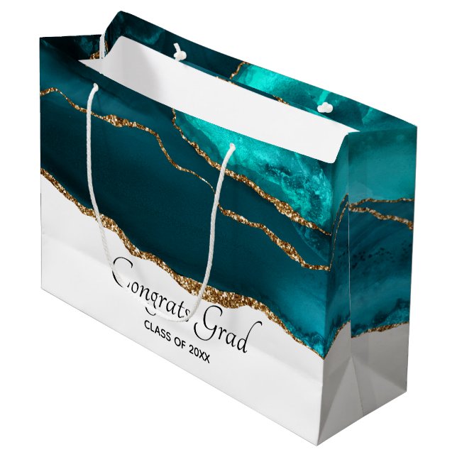 Grand Sac Cadeau Moderne et élégant Turquoise Agate & Gold Ribbon G (Devant Angle)