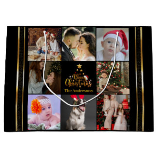 Grand Sac Cadeau Moderne Joyeux Noël Famille Photo Russe