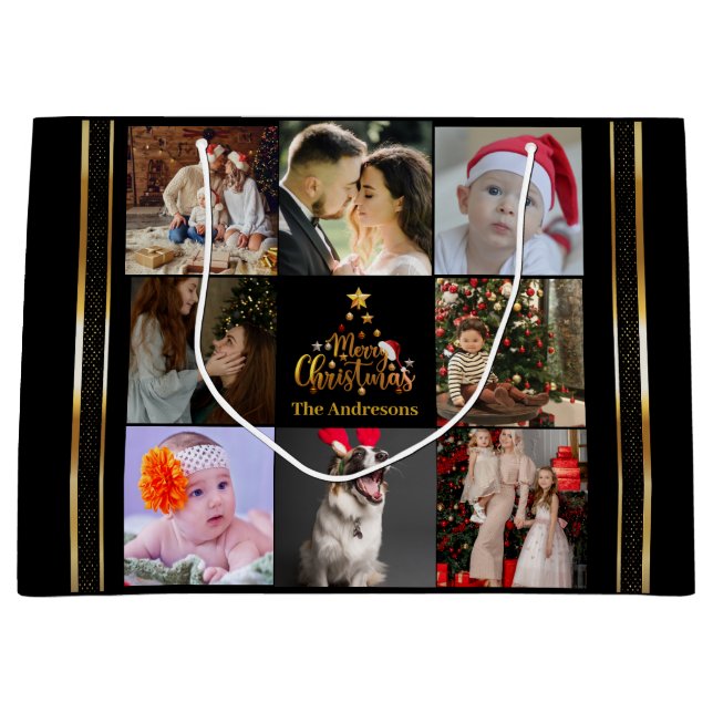 Grand Sac Cadeau Moderne Joyeux Noël Famille Photo Russe (Devant)