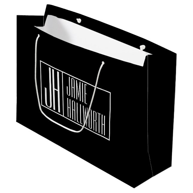 Grand Sac Cadeau Moderne, Noir & Blanc, Initiales & Logo Nom (Devant Angle)