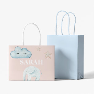 Grand Sac Cadeau Moderne Pastel Rose & Bleu Nom de l'enfant