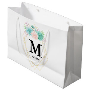Grand Sac Cadeau Moderne rose et vert Succulents Aquarelle Monogram