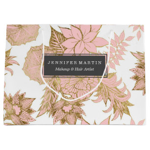 Grand Sac Cadeau Modernes Girly rougissent or blanc rose floral