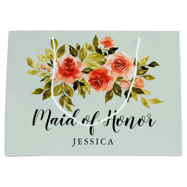 Grand Sac Cadeau Monnaie Vert Elégant Aquarelle Florale Maid Of Hon (Devant)