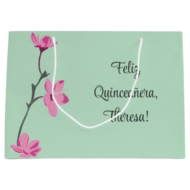 Grand Sac Cadeau Monnaie verte aux fleurs de cerisier rose Personna (Devant)