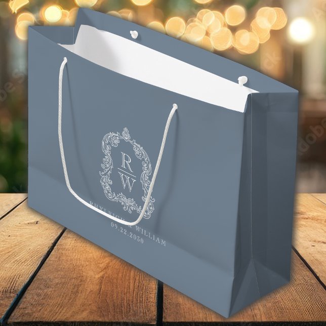 Grand Sac Cadeau Monogram Crest Dusty Mariage bleu (Créateur téléchargé)