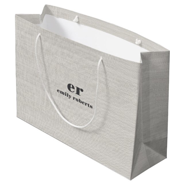 Grand Sac Cadeau Monogram Minimalistic White Burlap Gray Typography (Dos Angle)