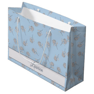 Grand Sac Cadeau Monogramme à motif floral d'hortensia bleu poudre
