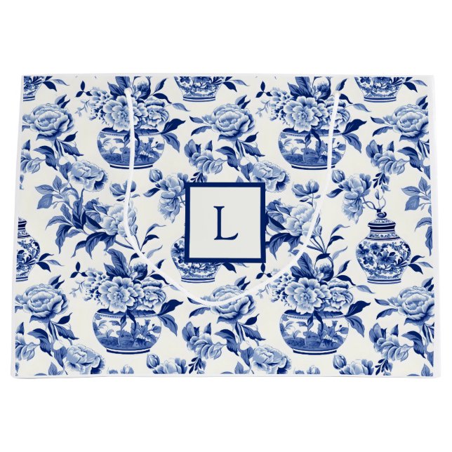 Grand Sac Cadeau Monogramme chinoiserie bleue  (Devant)