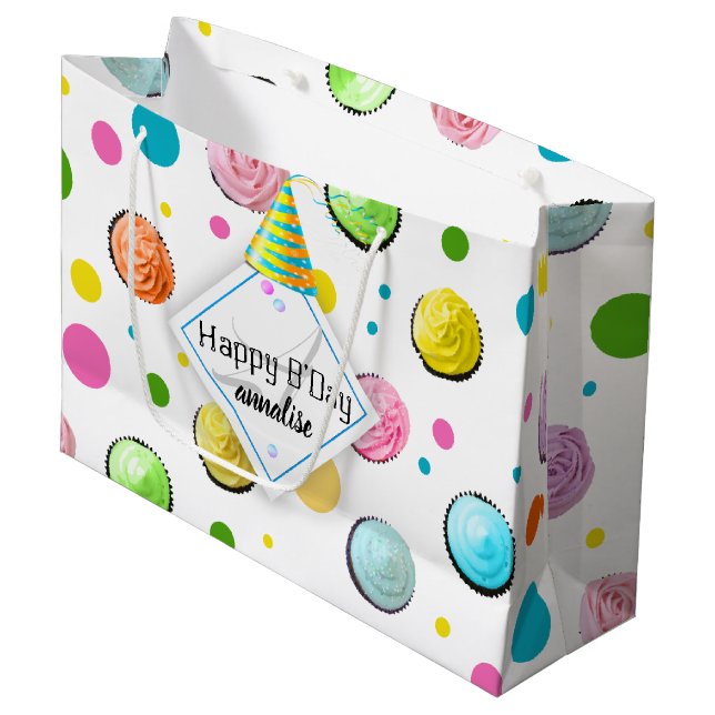 Grand Sac Cadeau Monogramme de cupcakes et points d'anniversaire (Devant Angle)