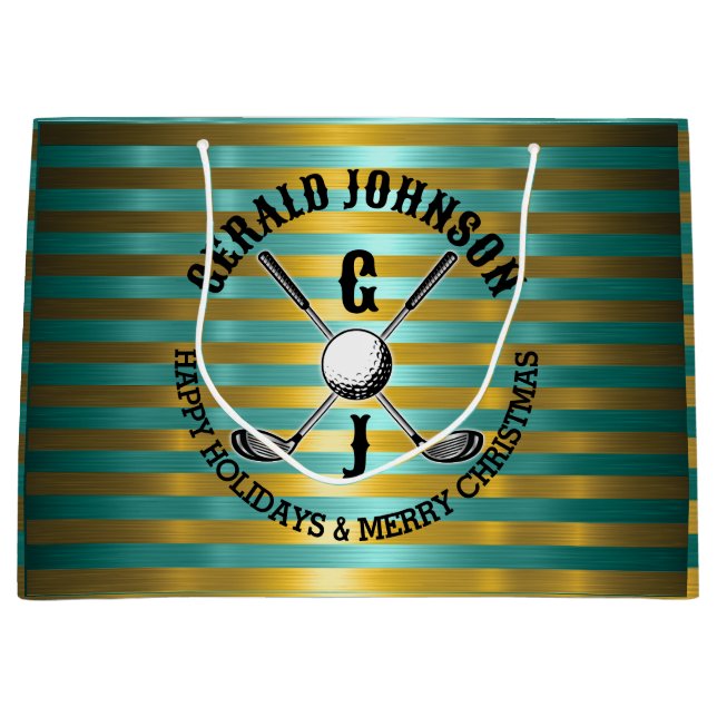 Grand Sac Cadeau Monogramme de golf élégant métallisé vert-or (Devant)