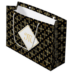Grand Sac Cadeau Monogramme de luxe Quatre Floral noir et or
