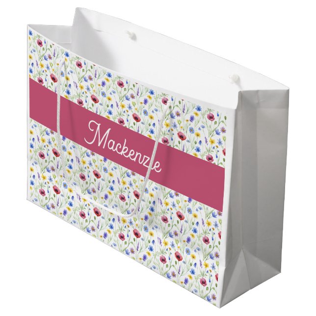 Grand Sac Cadeau Monogramme de nom aquarelle de fleur sauvage rose  (Devant Angle)