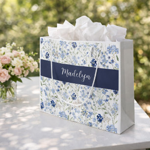 Grand Sac Cadeau Monogramme de nom aquarelle fleur sauvage bleue