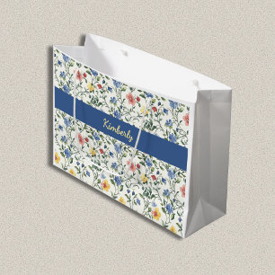 Grand Sac Cadeau Monogramme de nom de fleur sauvage aquarelle bleu 
