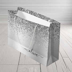 Grand Sac Cadeau Monogramme de nom en métal pailleté argenté