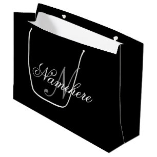 Grand Sac Cadeau Monogramme de nom noir et blanc personnalisé uniqu