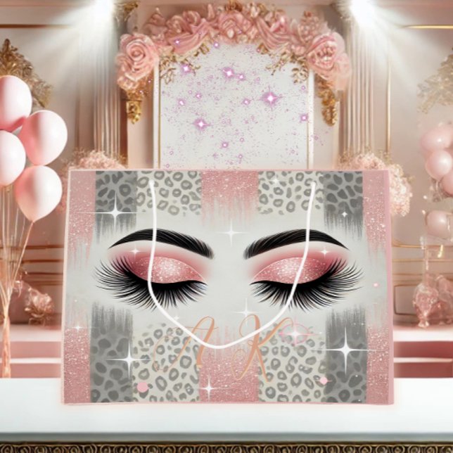 Grand Sac Cadeau Monogramme de Parties scintillant rose glam (Glam pink glitter lashes monogram gift bag — perfect for birthdays, or any occasion .)