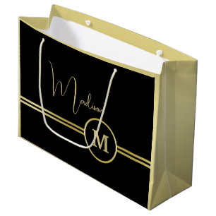 Grand Sac Cadeau Monogramme de signature or élégant sur fond noir
