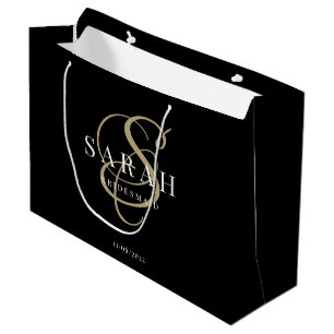 Grand Sac Cadeau Monogramme d'or noir domestique personnalisée