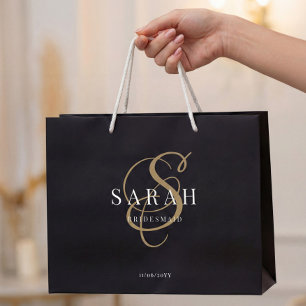 Grand Sac Cadeau Monogramme d'or noir domestique personnalisée