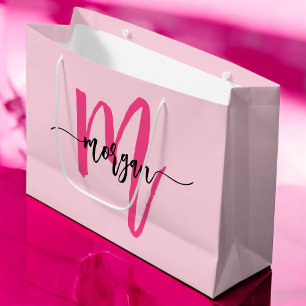 Grand Sac Cadeau Monogramme élégant rose chaud moderne